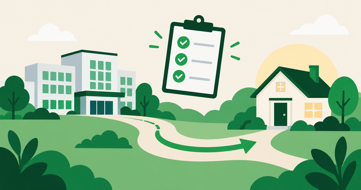 Illustration of a path from a hospital building to a home, with a checklist above it.