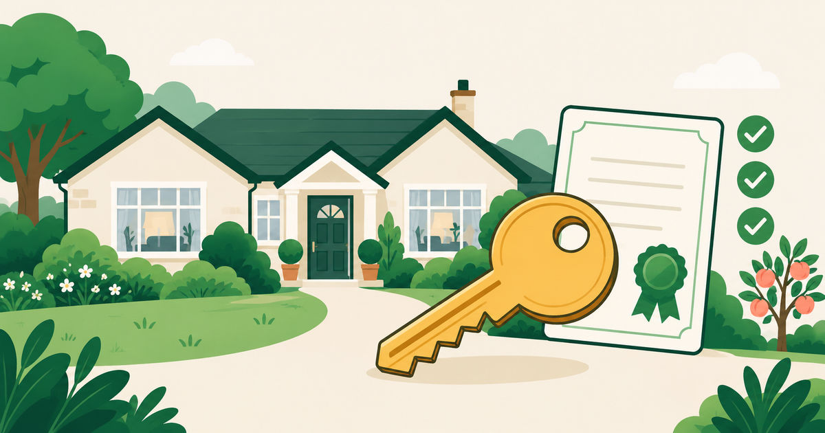 Illustration of a house with a key and an approved permit certificate beside it.