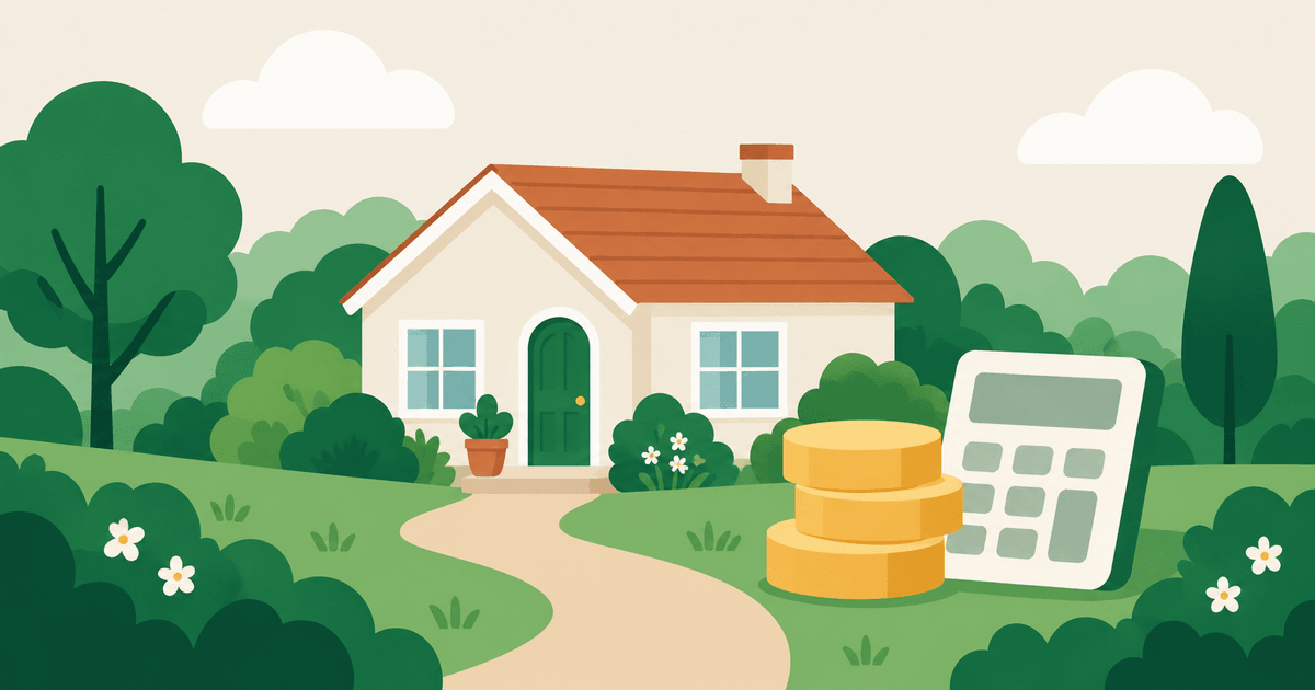 Illustration of a care home beside coins and a notepad, representing the cost of care.