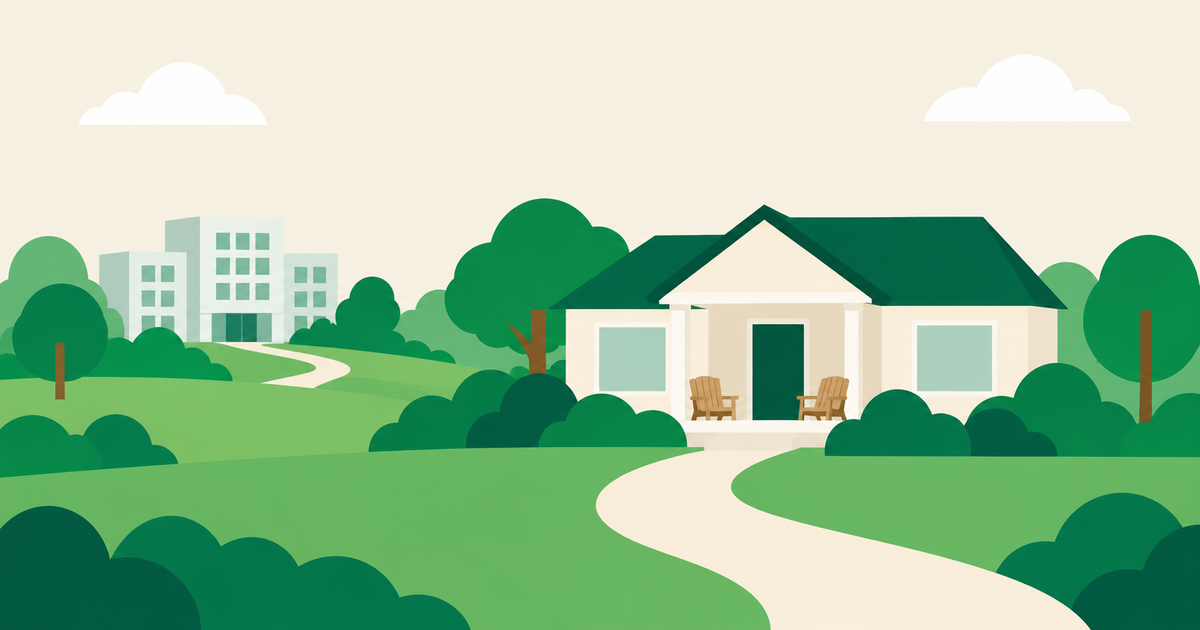 Illustration of a small, welcoming residential care home with a front porch, with a larger senior living building softly visible behind it.