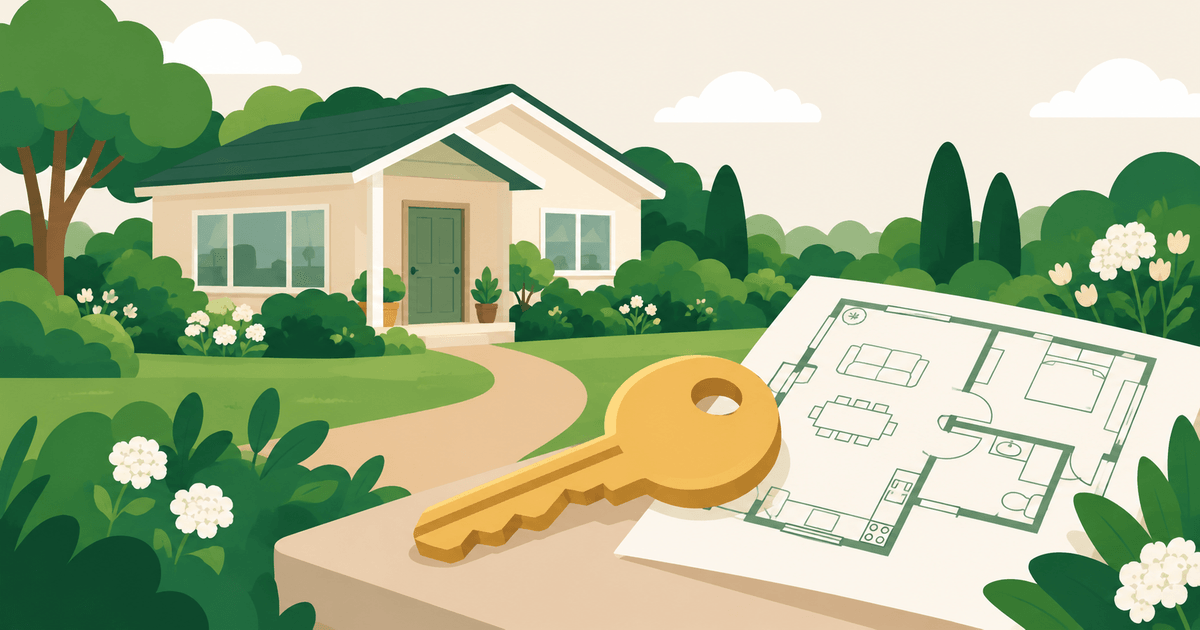 Illustration of a house, a key and a floor plan, representing starting a care home.