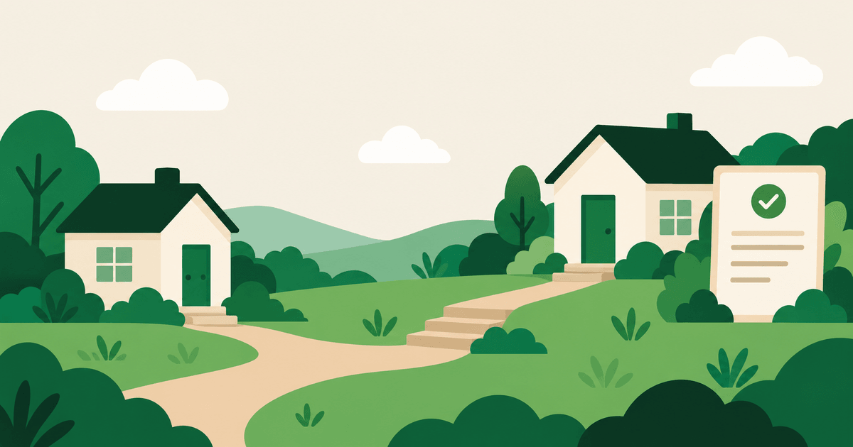 Illustration of a path from a plain house to a licensed home with a certificate.