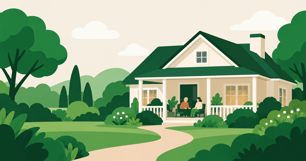 Illustration of a small residential care home with a porch and two residents sitting together.